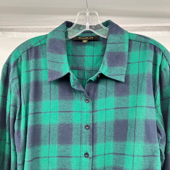 Sugarlips Womens Plaid Button Down Top Long Sleeve Green/Blue Size XS - Picture 2 of 9
